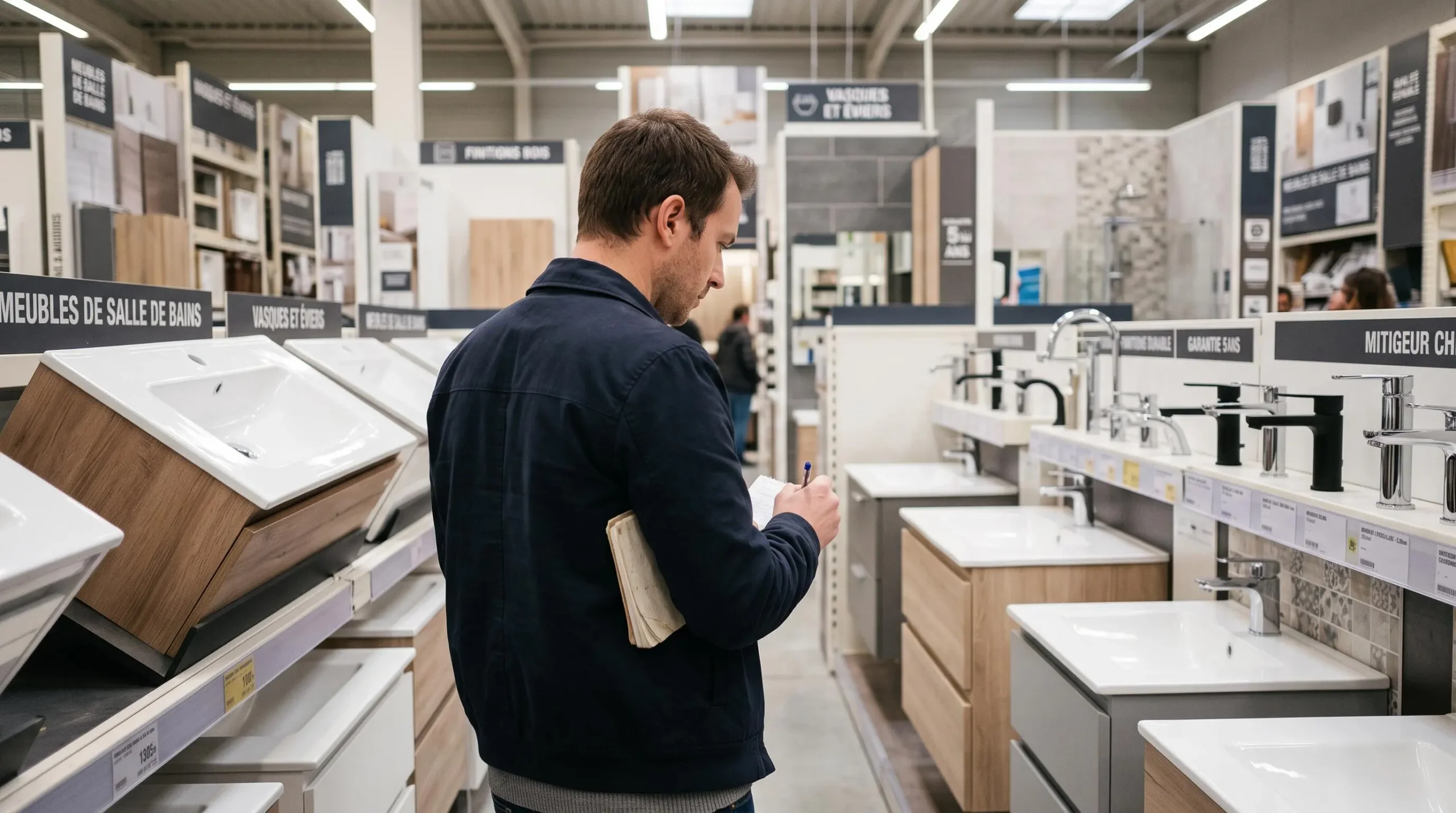 Un homme examine un meuble-vasque avec vasque intégrée dans un rayon salle de bain d'un magasin de bricolage.
