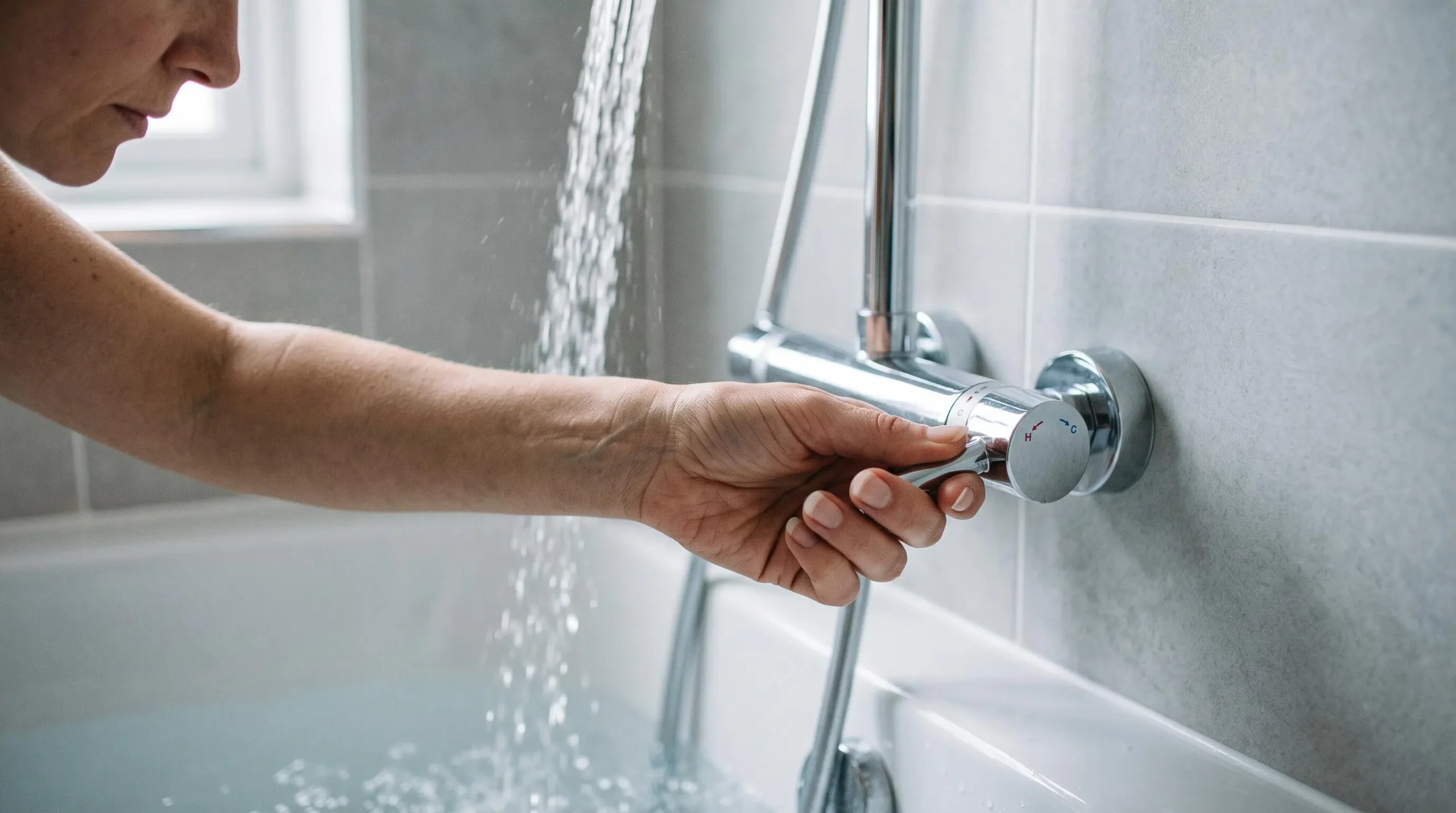 Une personne règle le mitigeur thermostatique d'une douche installée au-dessus d'une baignoire.