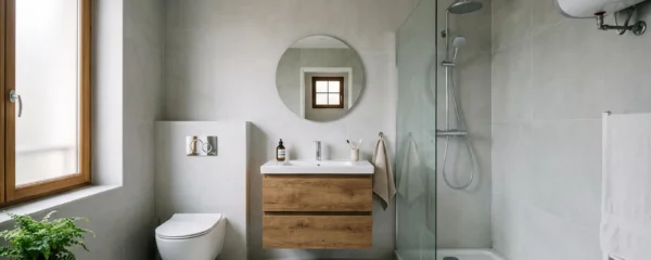 Une salle de bain moderne équipée avec un meuble-vasque, un mitigeur, une douche à l'italienne, un WC suspendu et un chauffe-eau compact.