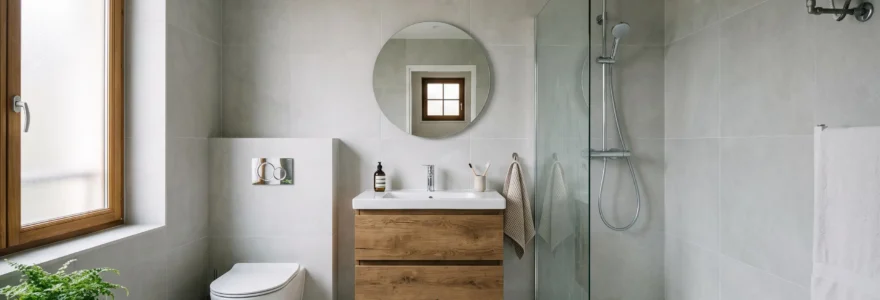 Une salle de bain moderne équipée avec un meuble-vasque, un mitigeur, une douche à l'italienne, un WC suspendu et un chauffe-eau compact.